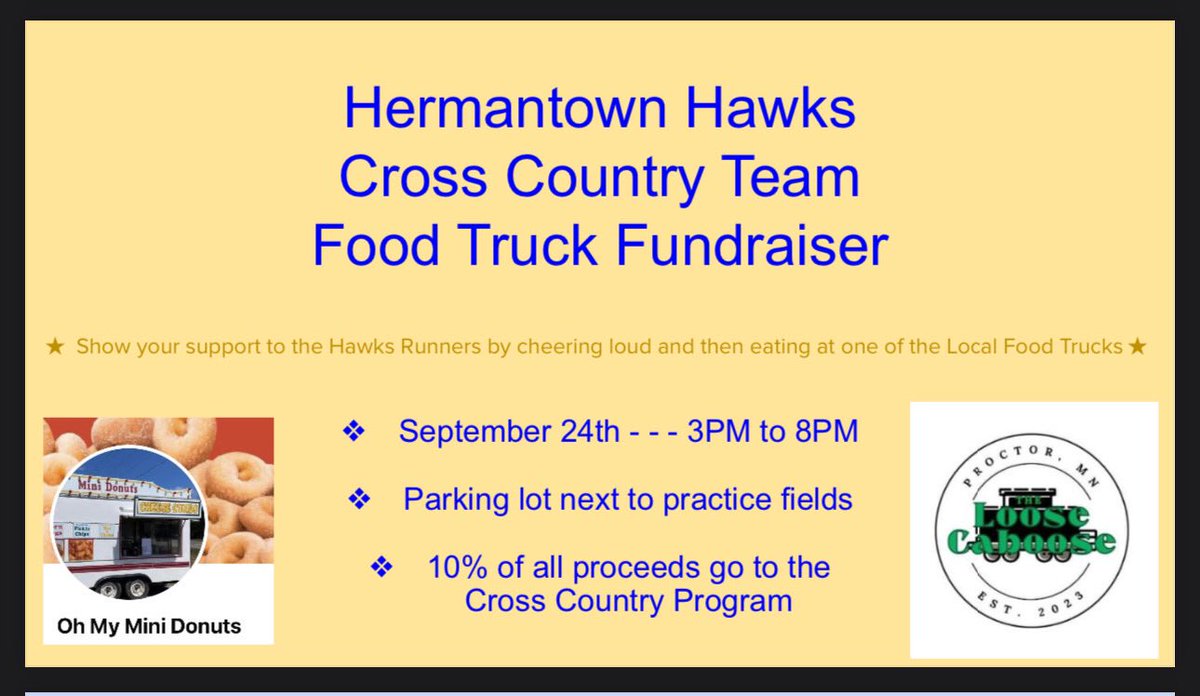 Hawks CC is hosting a middle school meet on Tues Sept 24th. We are having a food truck fundraiser at our meet!  Please come and show support to our runners and the local businesses who are supporting the team!