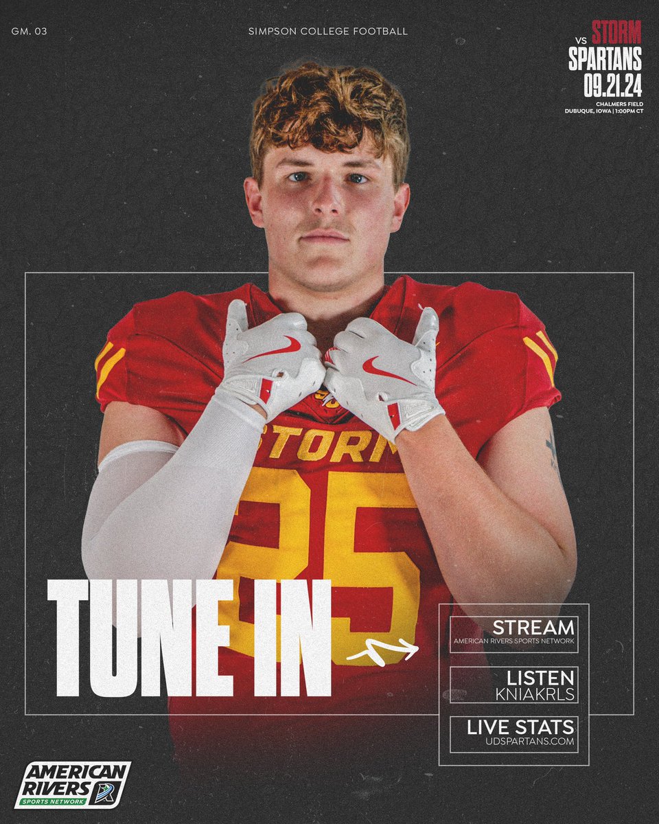 Simpson Football ⚡️ (@scstormfootball) on Twitter photo Saturday is our <a href="/AmerRiversConf/">American Rivers Conference (A-R-C)</a> opener! Tune in on the American Rivers Sports Network if you won’t be in Dubuque!
#rollrivers | #d3fb Saturday is our <a href="/AmerRiversConf/">American Rivers Conference (A-R-C)</a> opener! Tune in on the American Rivers Sports Network if you won’t be in Dubuque!
#rollrivers | #d3fb