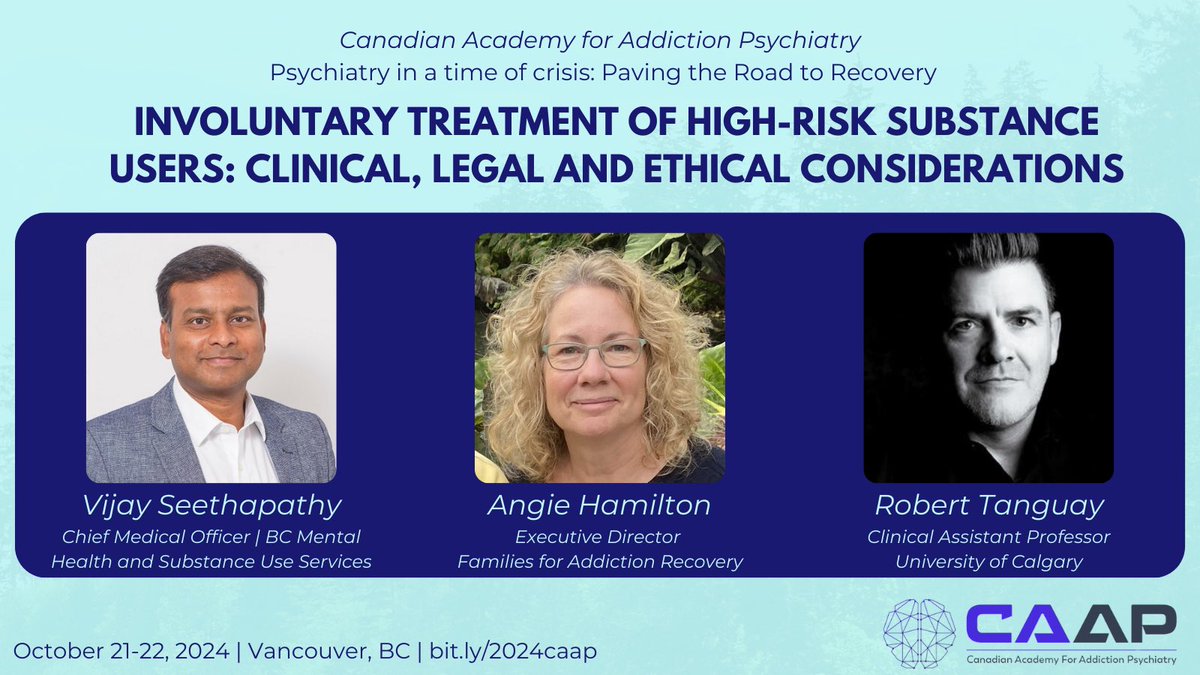 🚨DAY 2 KEYNOTE SESSION🚨

Featuring Angie Hamilton, Dr. Vijay Seethapathy and Dr. Robert Tanguay. 

Register for the conference now at bit.ly/2024caap

AND check out the Canadian Academy of Addiction Psychiatry’s website at caapaddictionpsychiatry.org