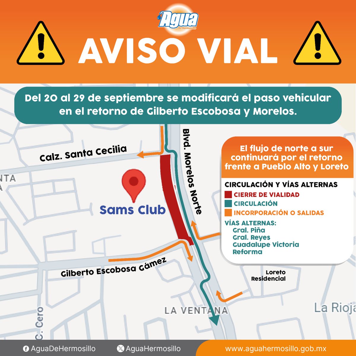 #AvisoVial 
Del 20 al 29 de septiembre se modificará el paso vehicular en el retorno de Gilberto Escobosa y Morelos.
El flujo de norte a sur continuará por el retorno frente a Pueblo Alto y Loreto.

Disculpe las molestias que esto le ocasione.