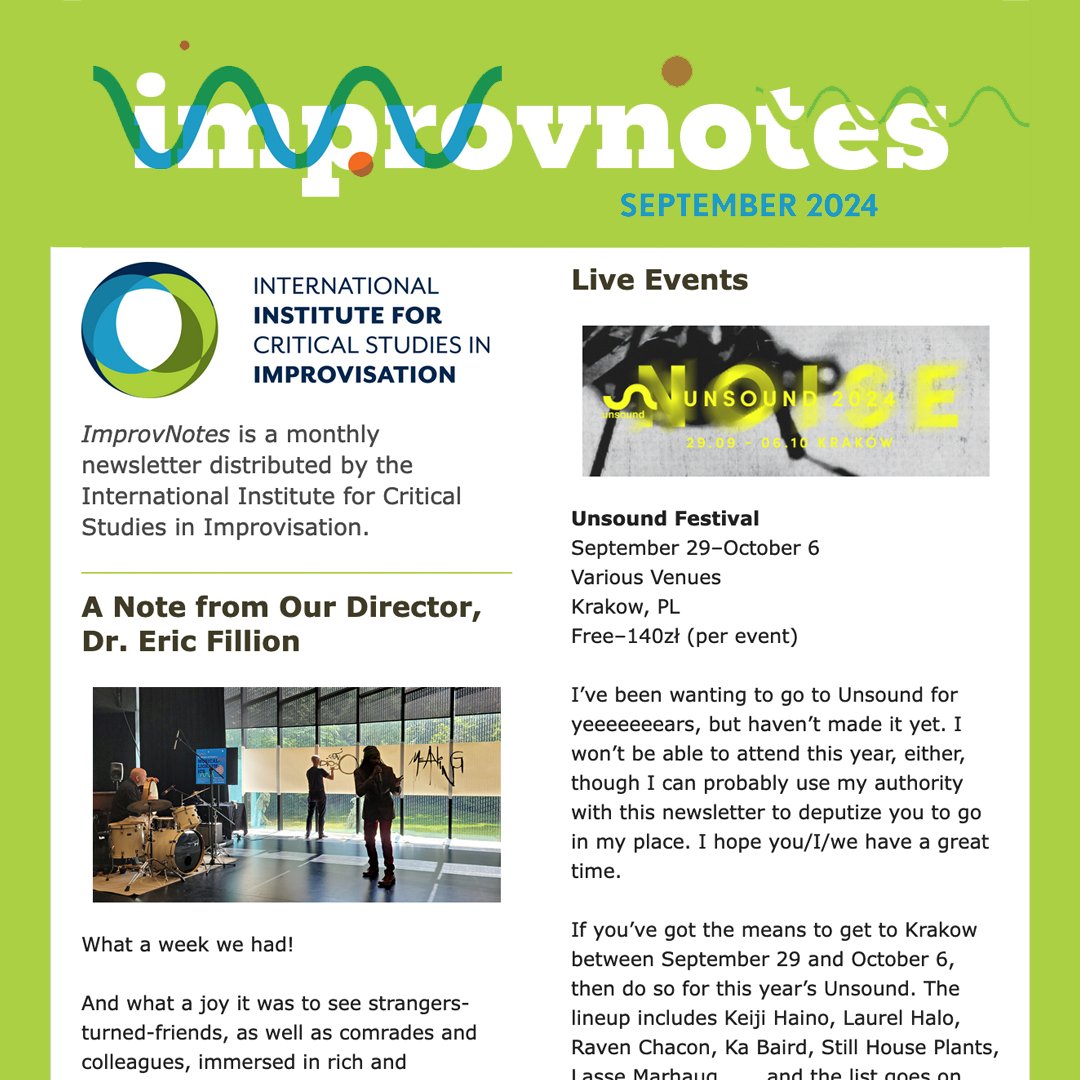 🎉 . . . A Note from Our Director, A Thinking Spaces Event, A Record Release, and More! 🎉 

September's edition of ImprovNotes is here: bit.ly/4dfFqUO

#IICSI #improv #community #uofguelph #community