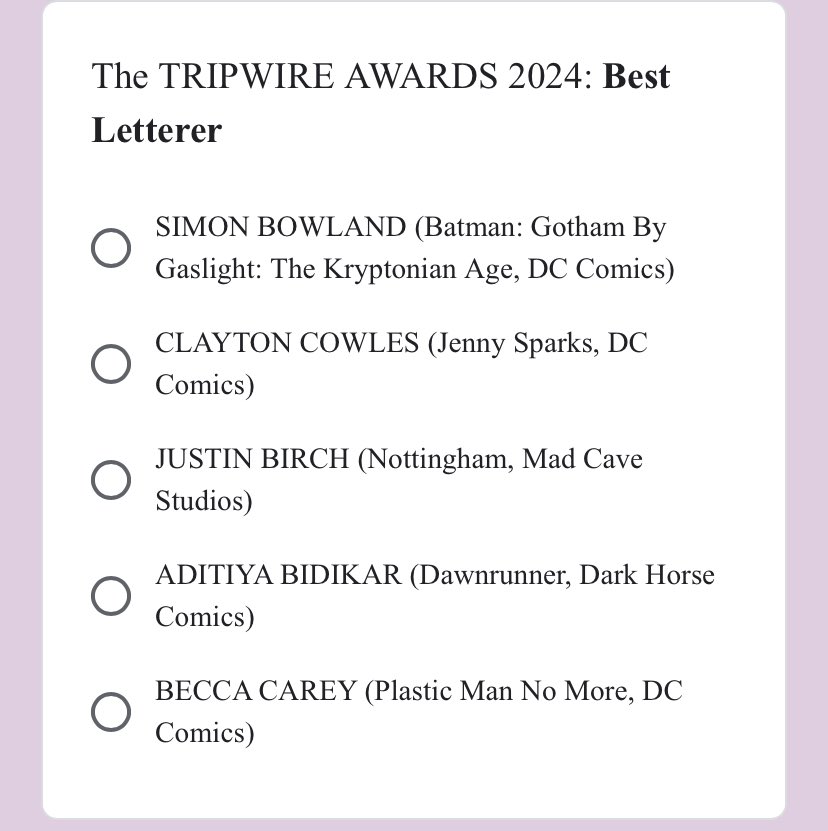 Made it to Baltimore and found out I was nominated for a 2024 Tripwire Award for Best Letterer. I’m grateful and thankful for the recognition.