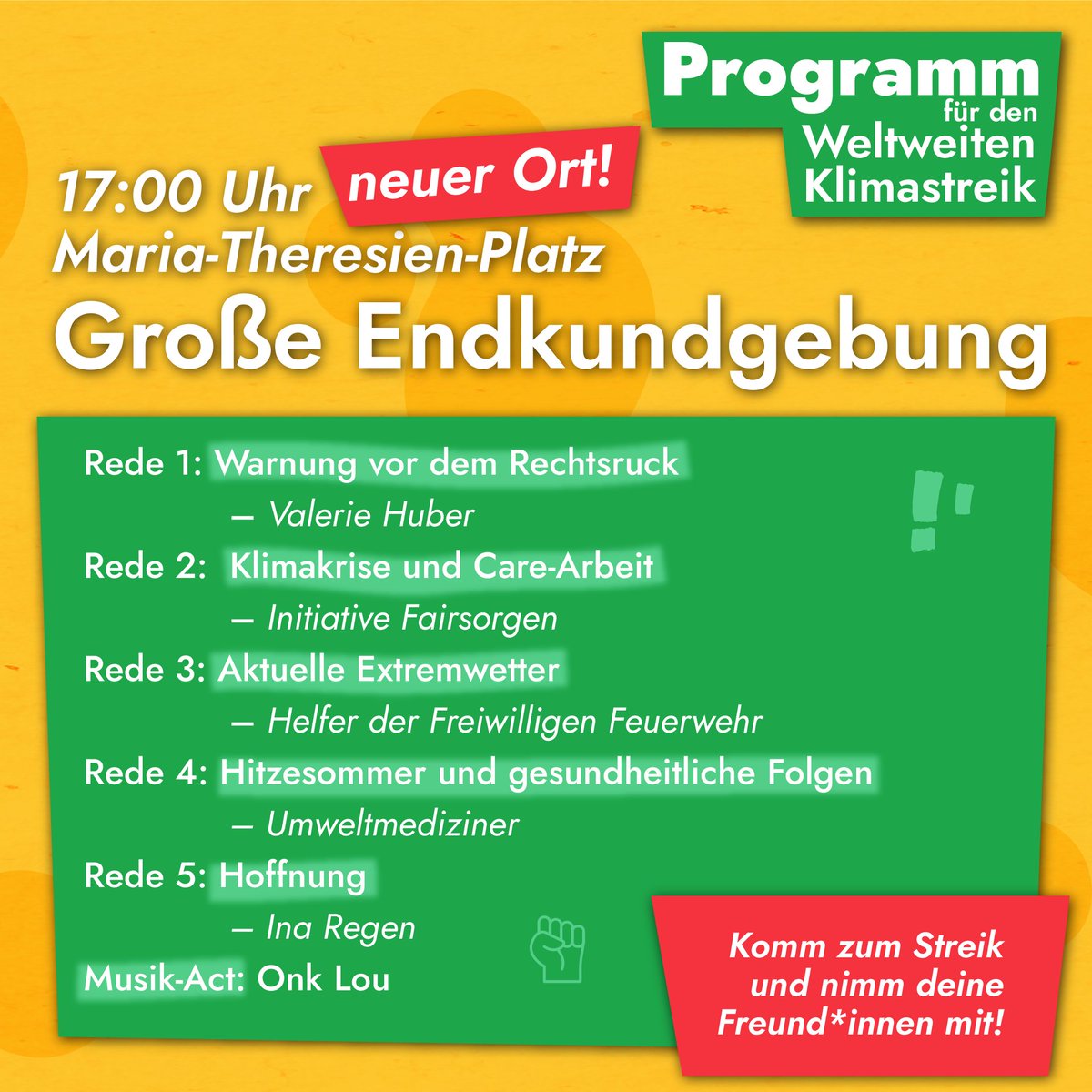 Nur noch wenige Stunden bis zum weltweiten #Klimastreik 🪧📢
Du willst heute natürlich in Wien dabei sein, bist aber noch unsicher über den genauen Ablauf? Hier ist die ganze Info👇- wir sehen uns! 💪🔥
#EineWeltZuGewinnen
#WeilWirUnsereKinderLieben
#DemokratieWählen
#KlimaRetten