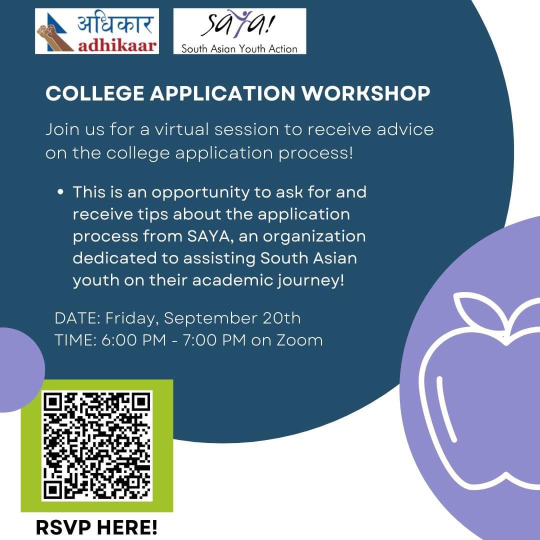 Attention youths! Tomorrow, we'll be having a College application workshop with <a href="/sayanyc/">SAYA</a>! Get your questions answered—it's never too early to start preparing for your higher education journey. 

RSVP today to receive the Zoom link!