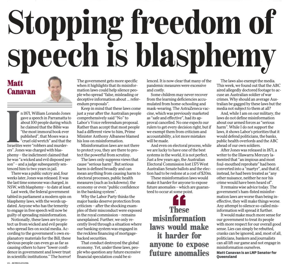 The Australian Government's proposed misinformation laws are just a modern reincarnation of blasphemy laws.

Misinformation laws are there to protect them, not you.

My column today in the <a href="/couriermail/">The Courier-Mail</a> and <a href="/dailytelegraph/">The Daily Telegraph</a>.