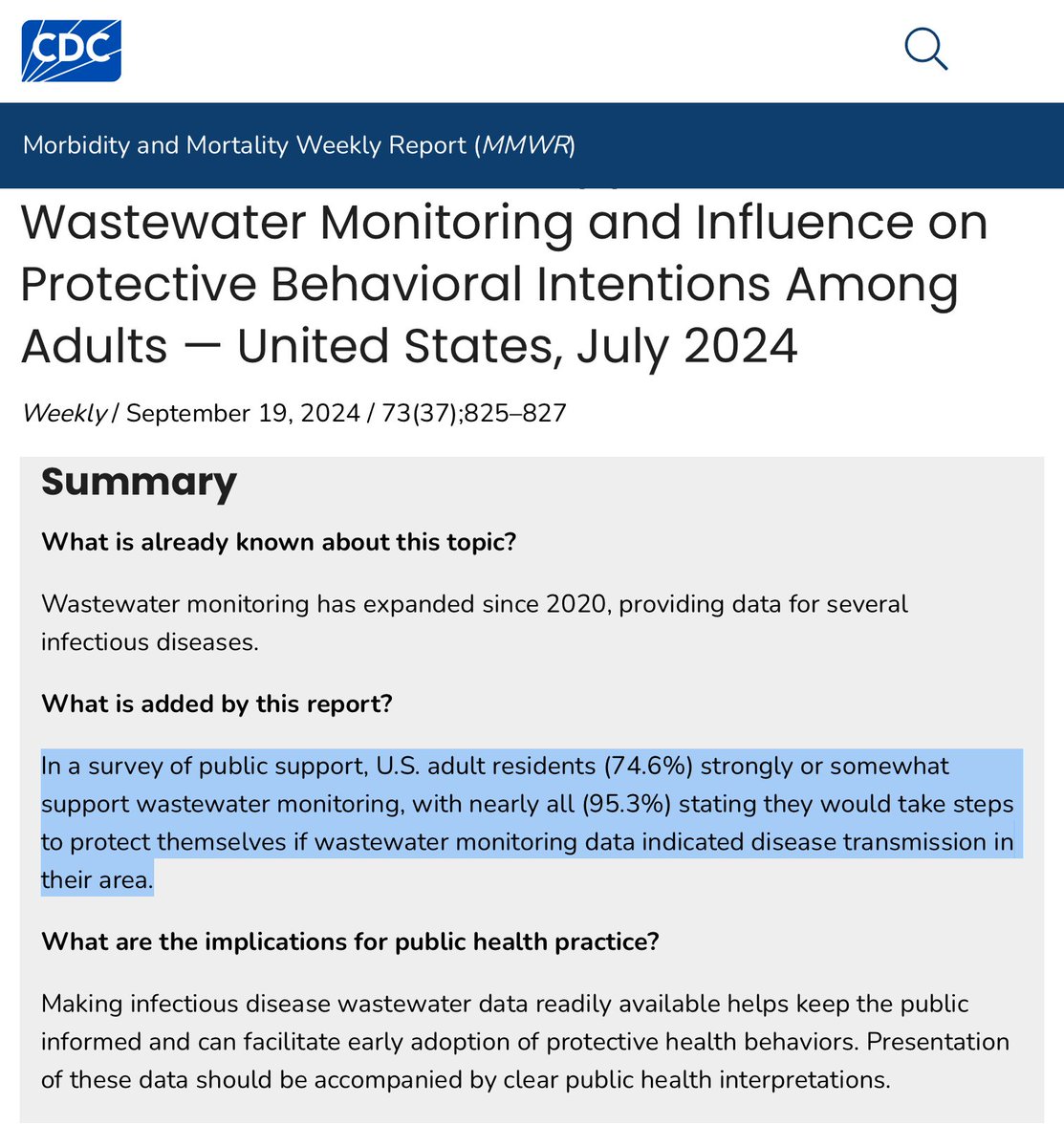 New CDC study: 75% of US adults support wastewater monitoring, and 95% say they would take steps to protect themselves if wastewater data showed disease spread was high.

We need to fund wastewater monitoring and include the data in daily weather reports, so everyone is aware.