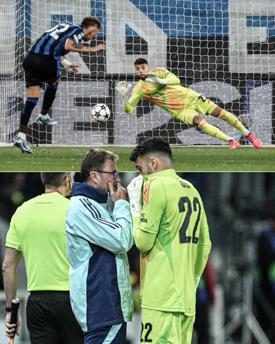 ESPNUK's tweet photo. David Raya and Arsenal’s goalkeeper coach, Iñaki Caña before Atalanta’s penalty 👀🧠 https://t.co/dyMShilmry