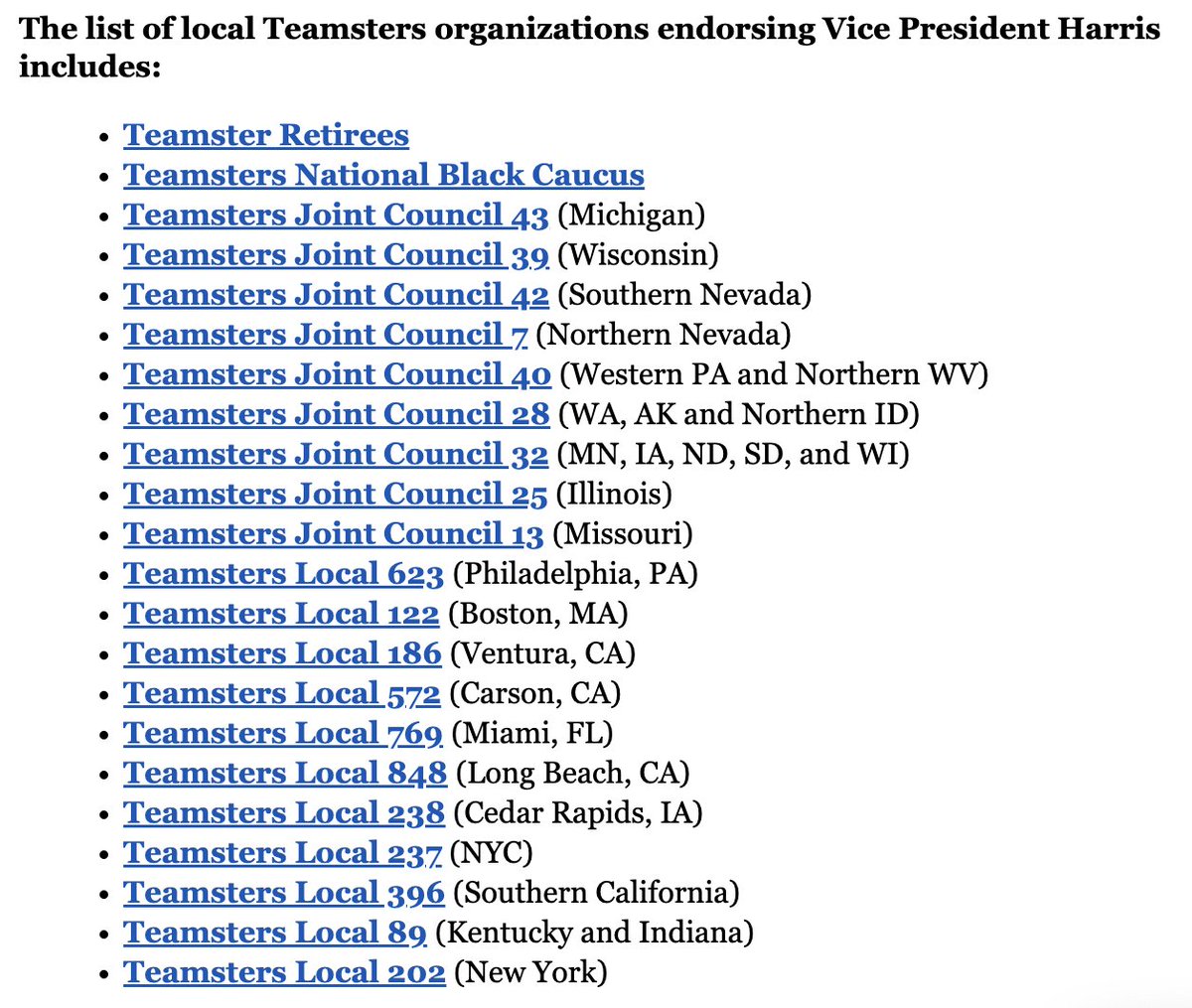 Victorshi2020's tweet photo. NEW: Here is a full list of all the Teamsters councils that have endorsed Vice President Kamala Harris. That's a total of over 1 MILLION Teamsters union members &amp; 8 of the councils represent battleground states. This is huge. https://t.co/avoetR1IkJ