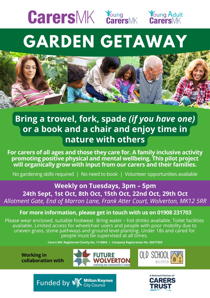 🌱GARDEN GETAWAY🌱
Join us on 24th September 2024, 3pm–5pm at Allotment Gate, MK12 5RR for a family inclusive activity promoting positive physical and mental wellbeing. For carers of all ages and those they care for.
 
Working in collaboration with <a href="/futurewolverton/">Future_Wolverton</a> &amp; <a href="/OldSchWolv/">Old School</a>.