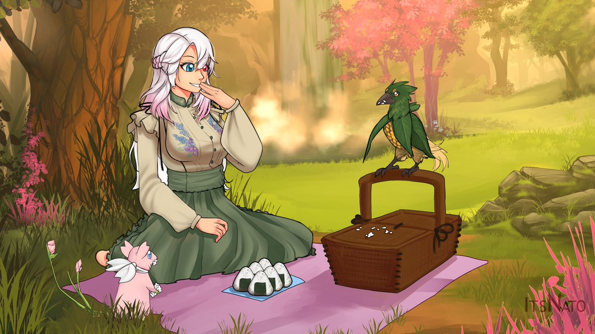 HanaMiyaVT's tweet photo. Hello, my dear Spirits.
It is now officially my balloon day! And to celebrate, I am having a little picnic with Blossom and Maestas~ Maestas is quite the messy eater, isn't he? 

This picture was made by my papa, @its_nato0

#seisomiya #birthday #vtuber https://t.co/YKGfTdf35g