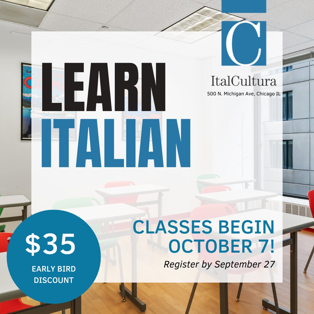 IIC_Chicago's tweet image. Your #Italianclass begins on October 7th!

Register today and begin speaking #Italian on day 1, with our certified teachers. Sign-up by September 27 and receive a $35 discount on your in-person or online course.

Info at italculturachicago.com