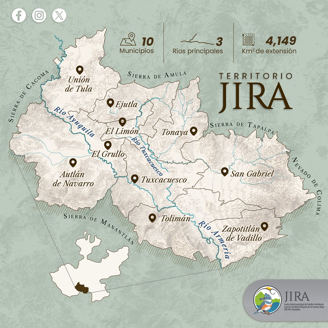 Las majestuosas Sierras de #Cacoma, #Manantlán, #Amula, #Tapalpa y el imponente #VolcándeColima son el parteaguas del #TerritorioJIRA donde fluyen los ríos Ayuquila, Tuxcacuesco y Armería.💚 Aquí trabajamos por la  conservación del agua y la vida. ¡Conócela y cuídala!