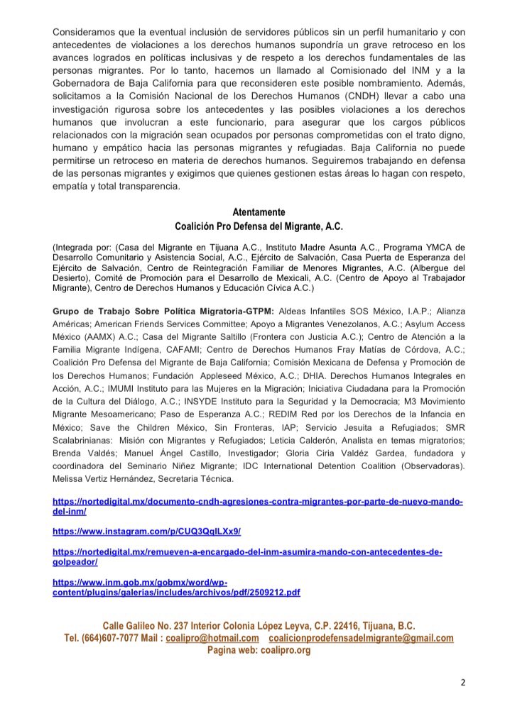 CoalicionPro's tweet photo. A través de este comunicado expresamos nuestra profunda preocupación por la posible designación de Jorge Alejandro Palau Hernández como encargado de la Oficina de Representación del INM en Baja California, debido a los antecedentes que lo rodean. https://t.co/l1cB9qoELb