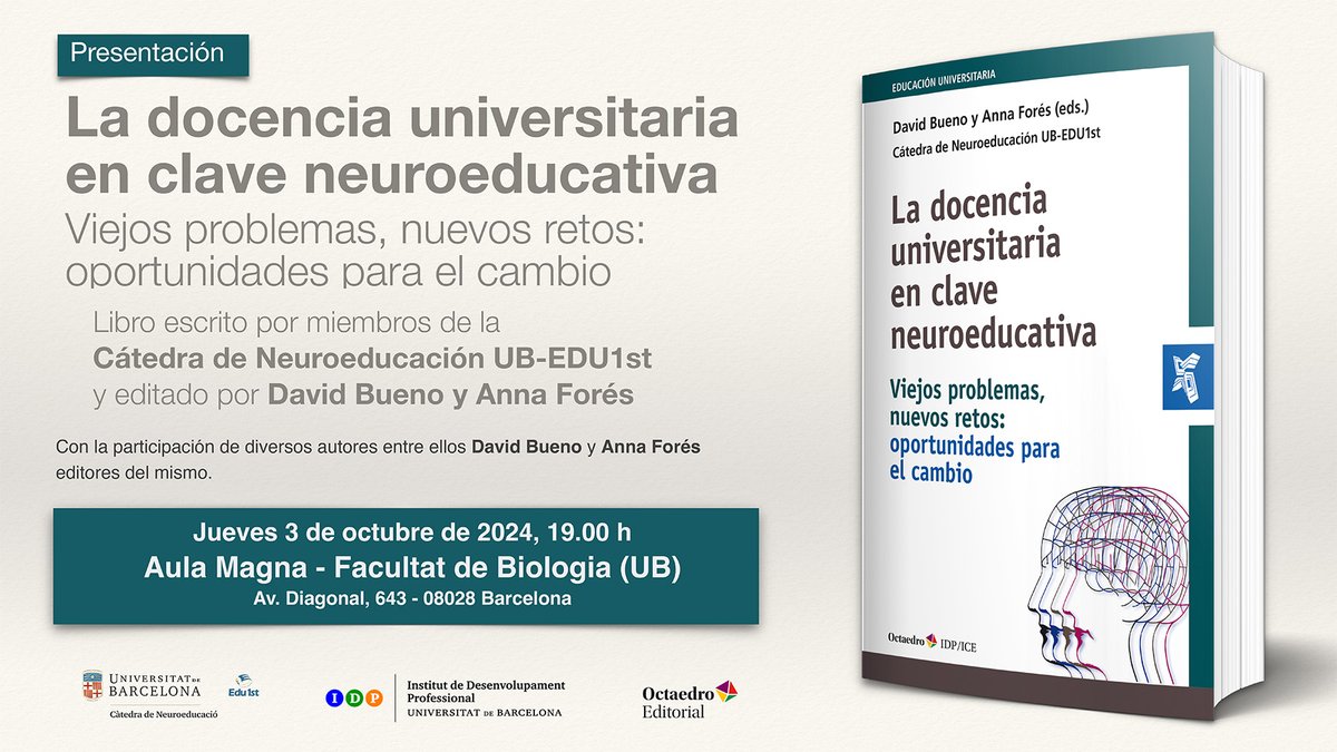 Nos encantaría veros el 3 de octubre a las 19.00 en el Aula Magna, Facultat de Biologia <a href="/DavidBueno33/">David Bueno i Torrens</a> <a href="/Aforesm/">Anna Forés</a> <a href="/thernandezmo/">Teresa Hernández</a> #martaligioiz <a href="/carmetrinidad/">Carme Trinidad</a> <a href="/jesuscguillen/">Jesús C. Guillén</a> <a href="/dracasafont/">Dra Rosa Casafont</a> <a href="/coralelizondo/">Coral Elizondo</a> <a href="/lallumo/">Laia Lluch</a> <a href="/IolandaNieves/">Iolanda Nieves</a> <a href="/marcguillem78/">Marc Guillem</a>  <a href="/FabBallarini/">Fabricio Ballarini</a> <a href="/Edu1stVESS/">Edu1st</a>  <a href="/CatedraNEUROEDU/">Cátedra de Neuroeducación UB - EDU1st</a>