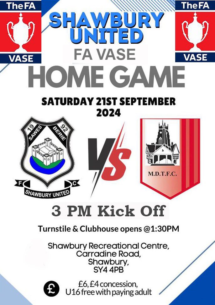 shawburyutd's tweet photo. The First Team are back in action at Home this Saturday in a FA Vase fixture vs @MDTFC 
Please come along and support Shawbury Utd FC in this local Derby which will be a cracker ⚪️⚫️ https://t.co/Dhi36woSO4