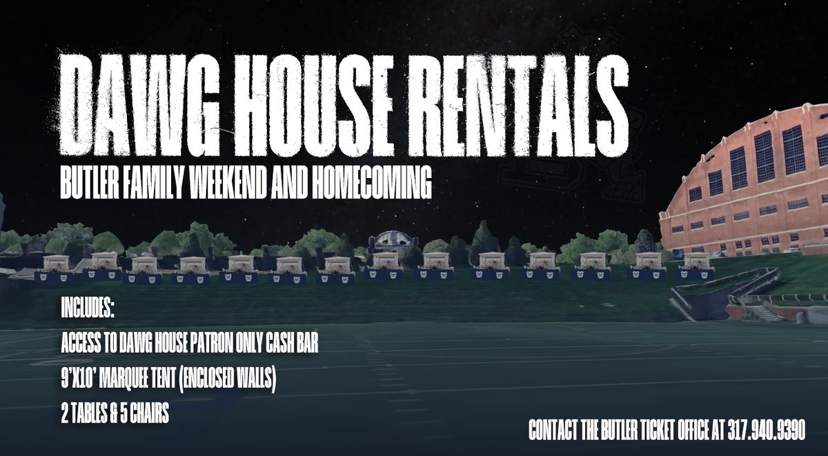 🏠🐾 Dawg House Rentals are open for Family Weekend &amp; Homecoming!

📅 Sept. 28 - Family Weekend 
📅 Oct. 5 - Homecoming 

Contact the Butler Ticket Office at 317.940.9390 or visit our ticket page to reserve your spot!

🎟️ bit.ly/3SDzfTo
📰: bit.ly/4dfUORf