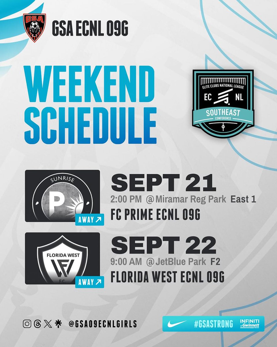 GSA ECNL 09 Girls (@gsa09ecnlgirls) on Twitter photo ✈️ Road trip! This weekend’s schedule is locked in, and we’re on a mission! 🚀⚽ Time to show up and show out, no holding back! 💪🏽🔥 #AllGasNoBrakes #gsastrong
<a href="/ecnlgirls/">ECNL Girls</a> @gsasoccer1 <a href="/prep_soccer/">prep school soccer</a> <a href="/topdrawersoccer/">TopDrawerSoccer</a> <a href="/soccerwire/">soccerwire</a> ✈️ Road trip! This weekend’s schedule is locked in, and we’re on a mission! 🚀⚽ Time to show up and show out, no holding back! 💪🏽🔥 #AllGasNoBrakes #gsastrong
<a href="/ecnlgirls/">ECNL Girls</a> @gsasoccer1 <a href="/prep_soccer/">prep school soccer</a> <a href="/topdrawersoccer/">TopDrawerSoccer</a> <a href="/soccerwire/">soccerwire</a>