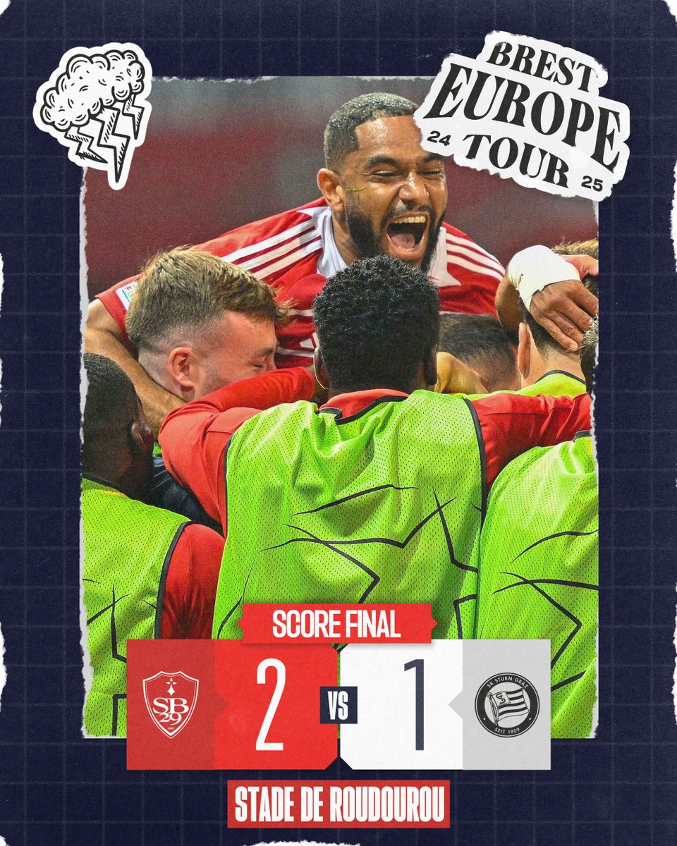 Stade Brestois 29 (@sb29) on Twitter photo C'EST TERMINร ๐ฝ๐ฐ๐ช๐ป๐ถ๐ฐ๐ฐ๐ฐ๐ฐ๐ฐ๐น๐ฌ โก๏ธ
Pour sa grande premiรจre en <a href="/ChampionsLeague/">UEFA Champions League</a> le Stade Brestois s'impose 2-1 face au <a href="/SKSturm/">SK Sturm Graz</a> et signe un succรจs HISTORIQUE ! โค๏ธ๐ค
Bravo messieurs, vous รชtes ๐๐๐๐๐๐๐๐ !
ICI C'EST BREST โ๏ธ
#SB29STU 2-1 C'EST TERMINร ๐ฝ๐ฐ๐ช๐ป๐ถ๐ฐ๐ฐ๐ฐ๐ฐ๐ฐ๐น๐ฌ โก๏ธ
Pour sa grande premiรจre en <a href="/ChampionsLeague/">UEFA Champions League</a> le Stade Brestois s'impose 2-1 face au <a href="/SKSturm/">SK Sturm Graz</a> et signe un succรจs HISTORIQUE ! โค๏ธ๐ค
Bravo messieurs, vous รชtes ๐๐๐๐๐๐๐๐ !
ICI C'EST BREST โ๏ธ
#SB29STU 2-1