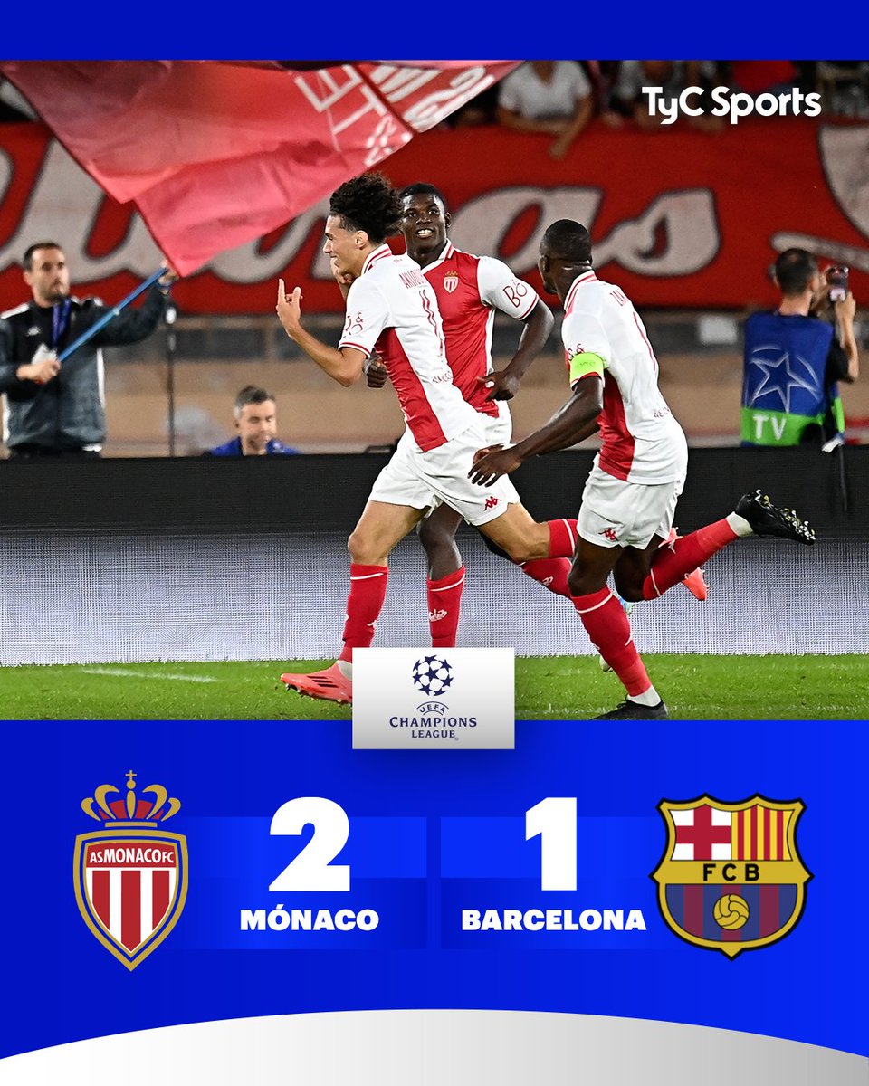 TyCSports's tweet image. ¡MÓNACO BAJÓ AL BARCELONA!🔴⚪
Lo superó como local en el inicio de la #ChampionsLeague por 2-1 con goles de Akliouche y Ilenikhena. Para el conjunto Culé había igualado transitoriamente Yamine Lamal.
📸 Neal Simpson/Allstar/Getty Images