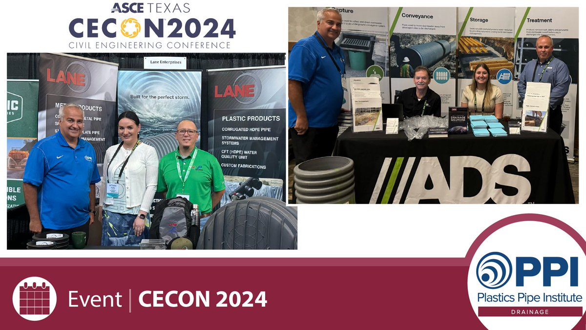 PPIplasticspipe's tweet photo. It's always great to see our wonderful members. Thank you to Lane Enterprises, LLC and Advanced Drainage Systems, Inc. for representing corrugated plastic pipe at ASCE - Texas Section CECON 2024. 

#plasticpipeconnects #corrugatedHDPE #corrugatedPP https://t.co/zo1CWW7XmZ