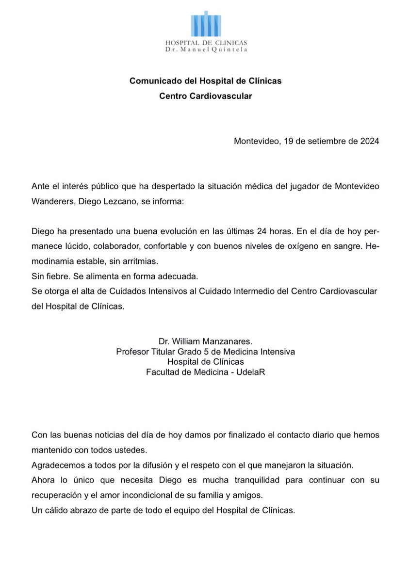 Último parte médico del Hospital de Clínicas respecto a la situación de Diego Lezcano.