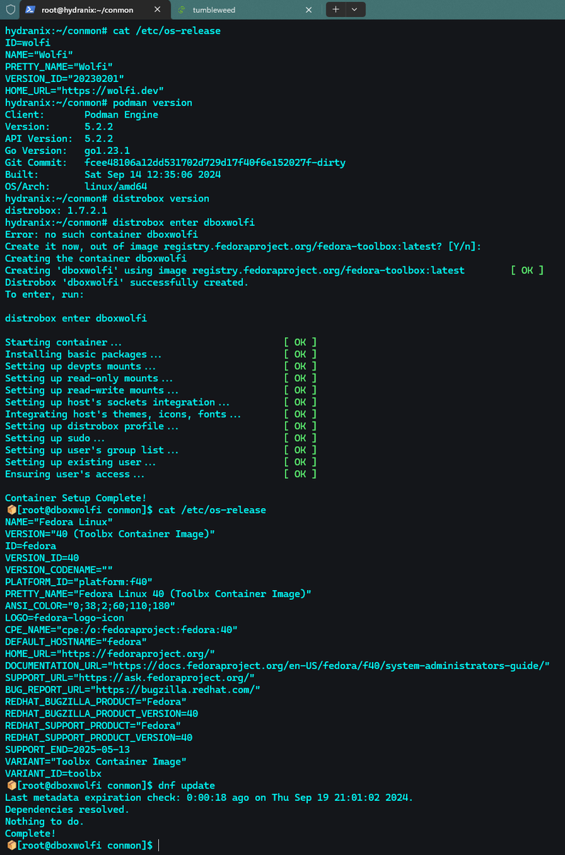<a href="/wolfi_os/">Wolfi OS</a> <a href="/LucaDiMaio11/">Luca Di Maio</a> love to see the continuous evolution of Wolfi packages and after a few tweaks (took me 10 minutes), we have distrobox on wolfi 🙌

PS: who should I contact for podman pkg feedback?

The still chasing the 🐙 hoodie Corsair 🏴‍☠️