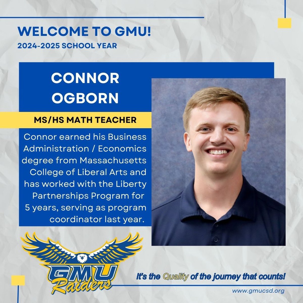 GMUCentral's tweet photo. WELCOME TO GMU!
Please join us in welcoming the newest members of our faculty and staff to the #GMUFamily!
Find out more about Math Teachers Pamela Cooke and Connor Ogborn on our Facebook page, and stay tuned to meet more new faces soon.π
#GMUnity #QualityOfTheJourney https://t.co/QDdZU37nAn