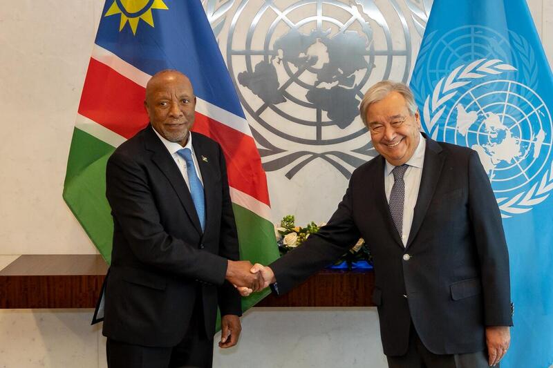 UN_Spokesperson's tweet photo. .@antonioguterres met with H.E. Mr. Nangolo Mbumba, President of Namibia. 

The Secretary-General expressed his deep gratitude for Namibia’s outstanding contributions to the Summit of the Future.

More: https://t.co/JBcZoEPt1Q https://t.co/2fRgOGw8V0
