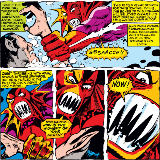 MarvelADay's tweet photo. #MarvelADay #SM71 I question the effectiveness of Piranha's war-cry. "Sssaach!!" seems more like the sound of a deflating tire. But I do like the menacing teeth getting ever closer in the bottom panels. - VA https://t.co/6H5KyWYyM2