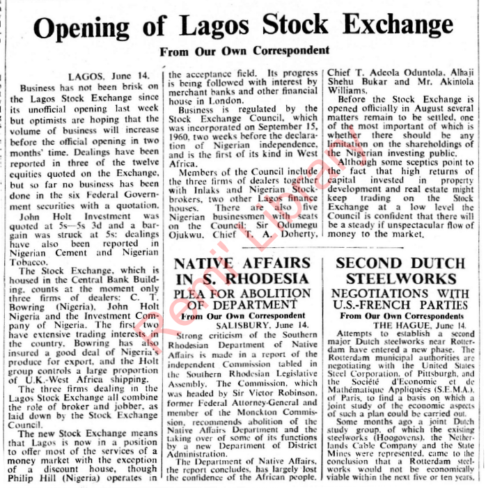 'Ojukwu's father built the Lagos Stock Exchange' - A clown implicitly claimed this on a space.

Here is the report on the opening of the stock exchange  from the Financial Times of June 15, 1961