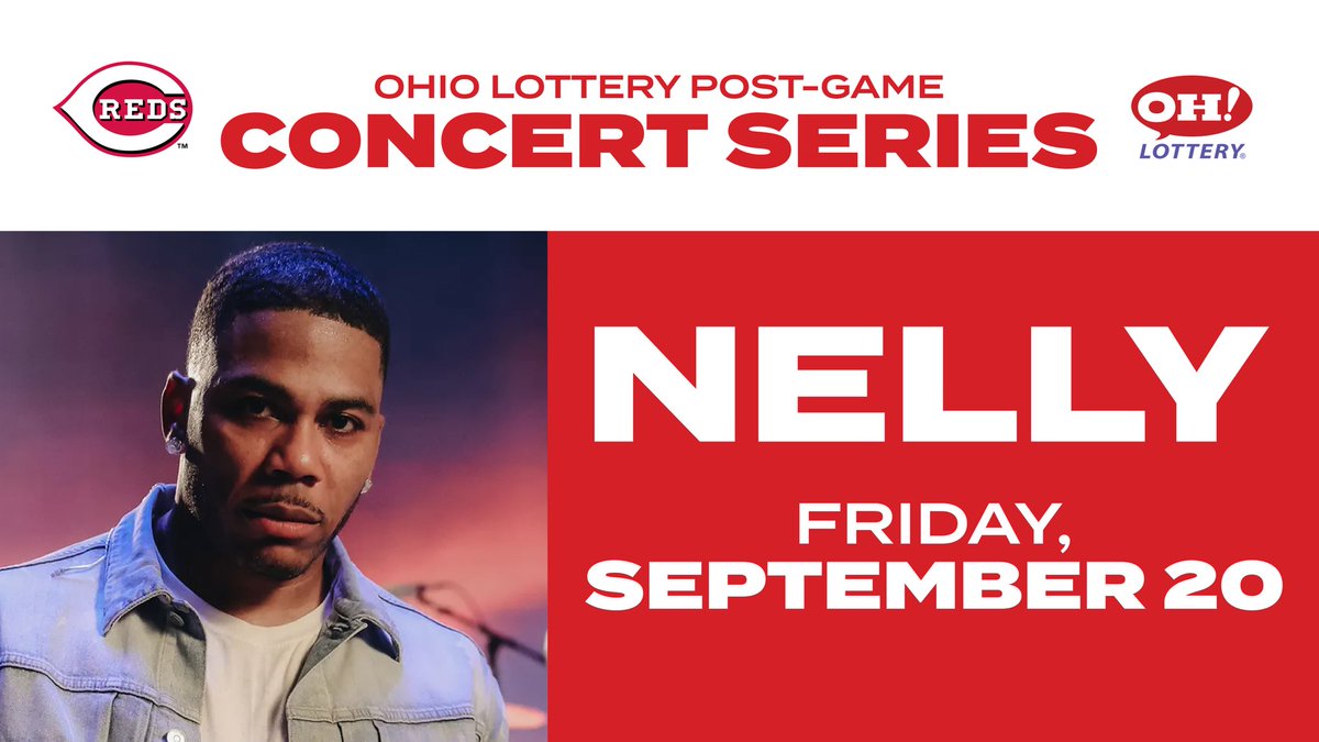 Nelly will be at the ballpark Friday night for a postgame concert presented by <a href="/OHLottery/">Ohio Lottery</a>!
 
Repost this to enter to win two game tickets + passes to enjoy the show from the field.
 
Enter by 9/20 at 10am ET. Rules: mlb.com/reds/rules/x-s…