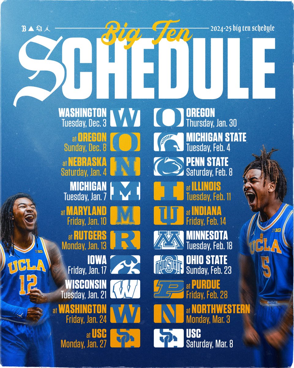 The Bruins’ full 𝐁𝐢𝐠 𝐓𝐞𝐧 𝐂𝐨𝐧𝐟𝐞𝐫𝐞𝐧𝐜𝐞 schedule has arrived (<a href="/bigten/">Big Ten Conference</a>). 

📅: ucla.in/4emf70w
🎟️: ucla.in/48nFvUK
