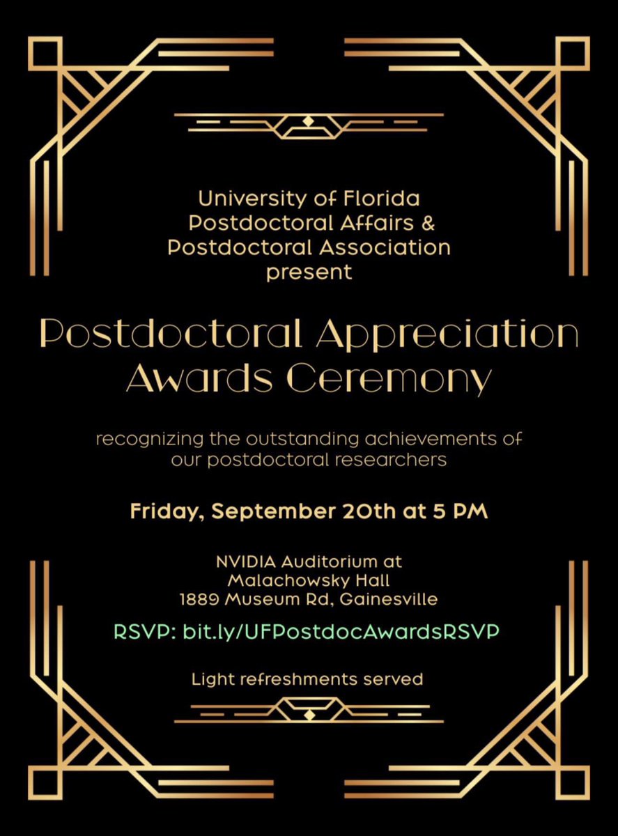 Dear Postdocs, please come join us for the UF Postdocs awards ceremony tomorrow at 5 pm. We can’t wait for the announcement of the awardees. 🤩🐊
This event will conclude our Postdocs appreciation week! (And food will be provided 🍕🥗)