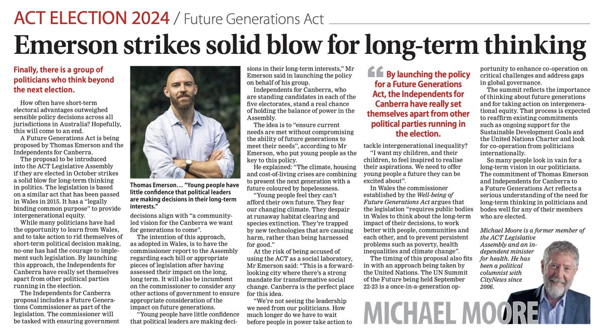 Our Future Generations Act would fundamentally change the way we develop and implement policy in the ACT. This level of support means a lot from former independent MLA @mmoore50 who served four terms as an indie &amp; became health minister in his final term.

citynews.com.au/2024/emerson-s…