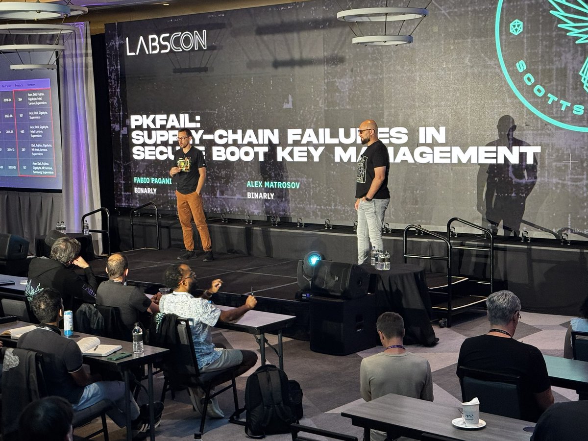 labscon_io's tweet photo. Binarly researchers Alex Matrosov and Fabio Pagani with some fresh details on the PKfail supply chain exposure @binarly_io @matrosov @pagabuc https://t.co/iE1lY64zie