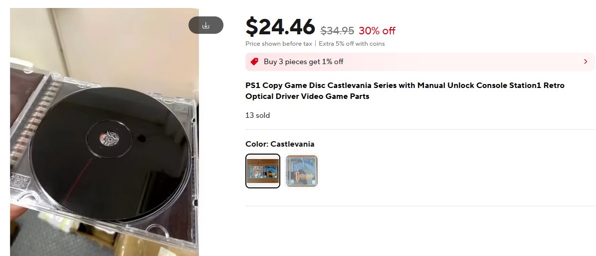 Voultar's tweet image. 1/2

Friends, please share. This could be crippling! 

There has been a surge of PS1 counterfeits on markets such as AlieXpress. These counterfeit PS1 titles are being pressed onto a dark substrate which makes these counterfeits visually indistinguishable from the real deal.