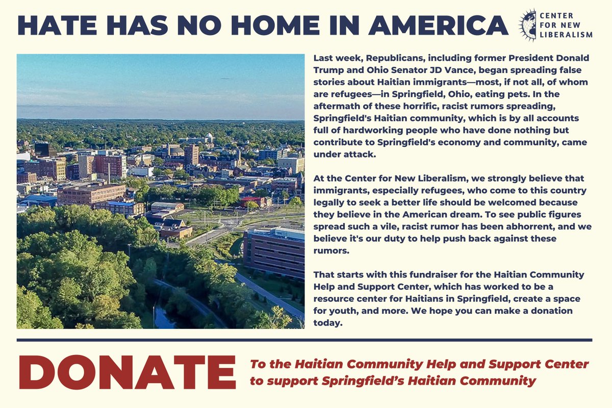 The vile hatred and racism from Republicans towards Haitians in Springfield in recent weeks contradicts every value we hold as New Liberals.

To help push back against this, we've launched a fundraiser for a nonprofit supporting Haitians in Springfield --> gofundme.com/f/show-support…