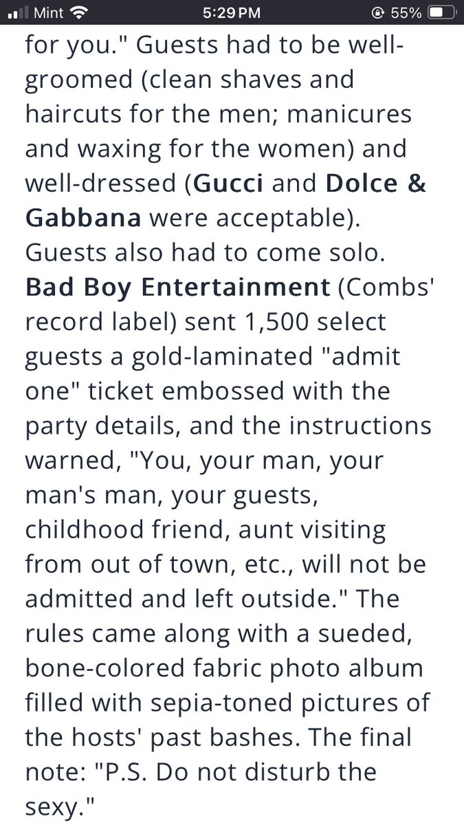 Megsquito's tweet image. This 2002 article about rules for Diddy’s parties is insane. Ladies told to come waxed and P.S., don’t disturb the sexy bizbash.com/production-str…
