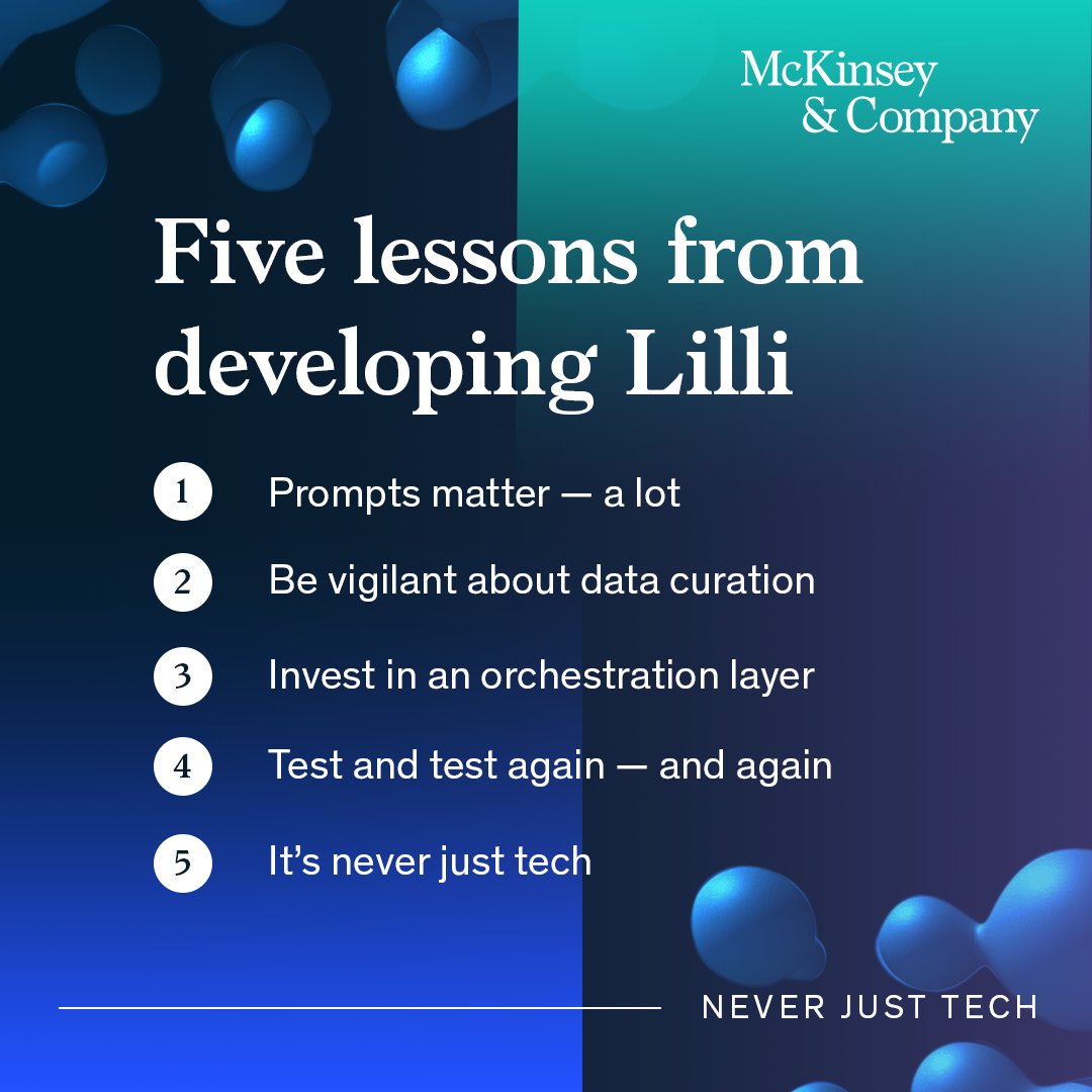 McKinsey's tweet photo. Recognizing the transformative potential of generative AI, we developed Lilli—a platform that redefines how we work and serve clients.
Our team has gained invaluable insights as Lilli continues to expand its capabilities.
Learn more: https://t.co/XaPbw51jiv
#NeverJustTech https://t.co/UP7Cs0Abrx