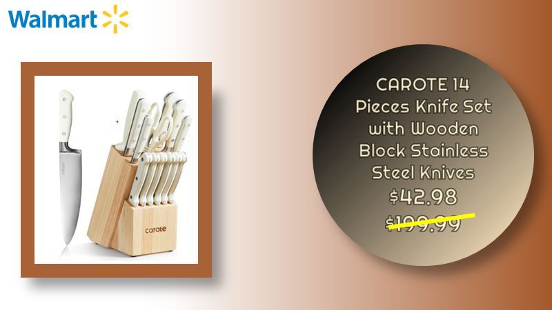 offersuniversal's tweet image. CAROTE 14 Pieces Knife Set with Wooden Block Stainless Steel Knives $42.98 Was $199.99

➡️ buff.ly/4e8ikRl

#walmartfinds #dealsAndSave #Cutlery