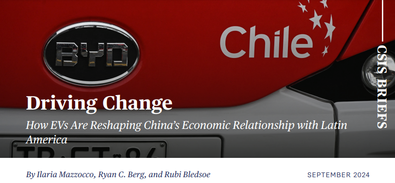 As China becomes a dominant player in the global EV supply chain, a new brief by <a href="/mazzocco_ilaria/">Ilaria Mazzocco</a>, <a href="/RyanBergPhD/">Ryan Berg, PhD</a>, &amp; <a href="/RubiBledsoe/">Rubi Bledsoe</a> analyzes the opportunities &amp; risks for Latin American &amp; Caribbean countries &amp; consequences for US engagement in the region: csis.org/analysis/drivi…