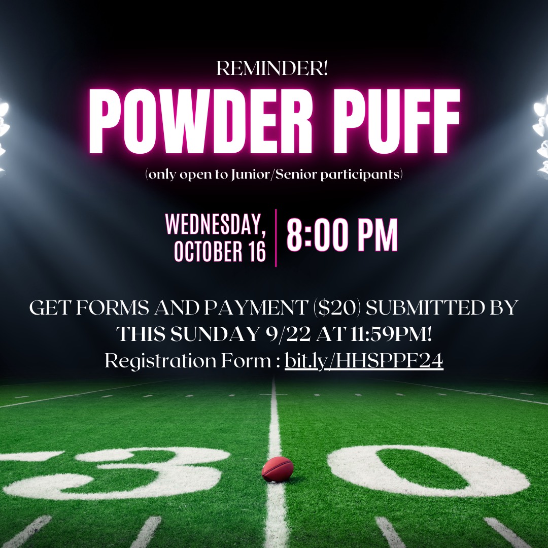 Reminder that PPF Registration is due by Sunday 9/22/24 at 11:59pm!!! No late registration allowed, and registration is only complete if ALL PARTS are received by the deadline. All details at bit.ly/HHSPPF24. Questions? See Mrs. Dobbs or Mrs. deButts! 🏈🦁🐾🏈