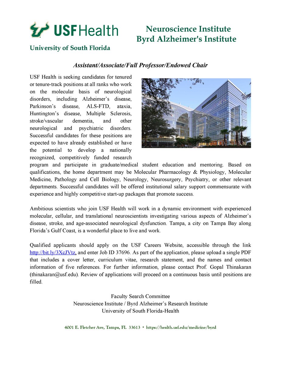 Thinakaran Lab (@thinakaranlab) on Twitter photo We are #hiring at USF Health. Tenure-track and Tenured Faculty Positions at all levels, including Endowed Chair Positions. More info ⬇️
Focus areas:
*Neurological diseases
*Psychiatric disorders
*Neurodegeneration
<a href="/jobRxiv/">jobRxiv</a> <a href="/PostDocsForum/">The PostDocs Forum</a> #neuroscience <a href="/USFHealth/">USF Health</a>
Please RT We are #hiring at USF Health. Tenure-track and Tenured Faculty Positions at all levels, including Endowed Chair Positions. More info ⬇️
Focus areas:
*Neurological diseases
*Psychiatric disorders
*Neurodegeneration
<a href="/jobRxiv/">jobRxiv</a> <a href="/PostDocsForum/">The PostDocs Forum</a> #neuroscience <a href="/USFHealth/">USF Health</a>
Please RT