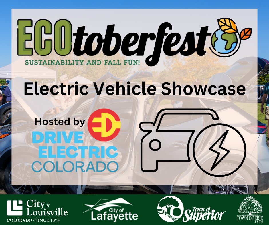 Want to learn more about electric vehicles? Visit Ecotoberfest’s EV Showcase at Louisville Community Park on Oct. 5 from 2–6 p.m., hosted by <a href="/DriveElectricCO/">Drive Electric Colorado</a>. Check out a variety of models and get your questions answered by EV experts! 

Learn more at LouisvilleCO.gov/Ecotoberfest!