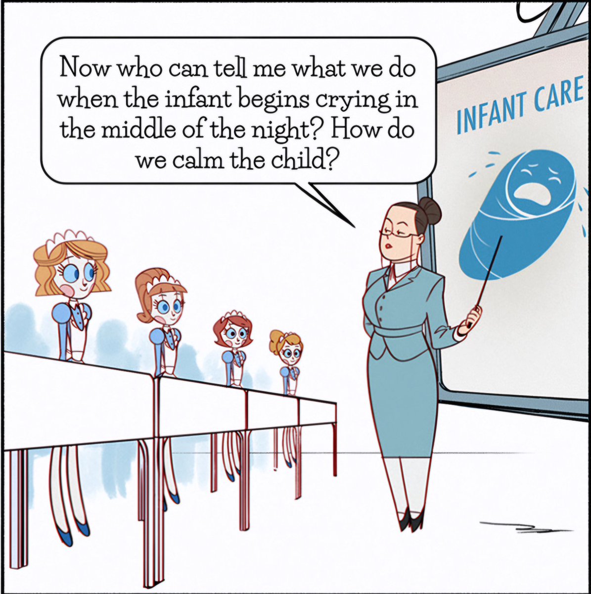 Emmy_the_Robot's tweet photo. Crying Baby (original date: 5/3/20)

Today, the nandroids learn how (not) to silence a crying baby. 👶

#emmytherobot #webtoon #baby #sleeping #comics https://t.co/XWcSaI2v5l