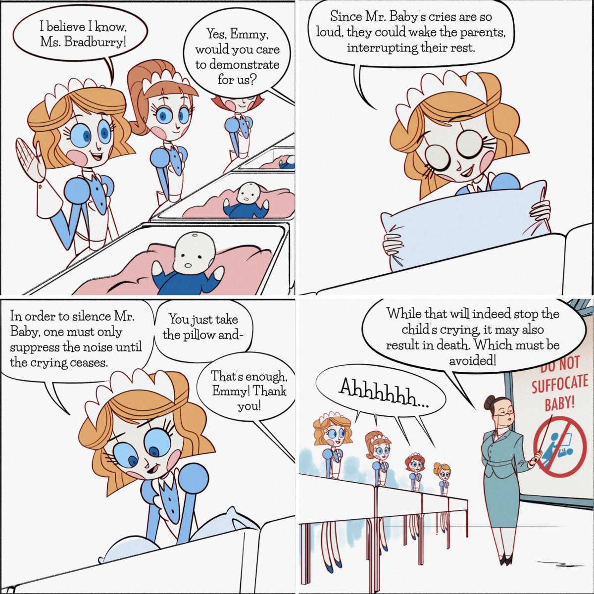 Emmy_the_Robot's tweet photo. Crying Baby (original date: 5/3/20)

Today, the nandroids learn how (not) to silence a crying baby. 👶

#emmytherobot #webtoon #baby #sleeping #comics https://t.co/XWcSaI2v5l