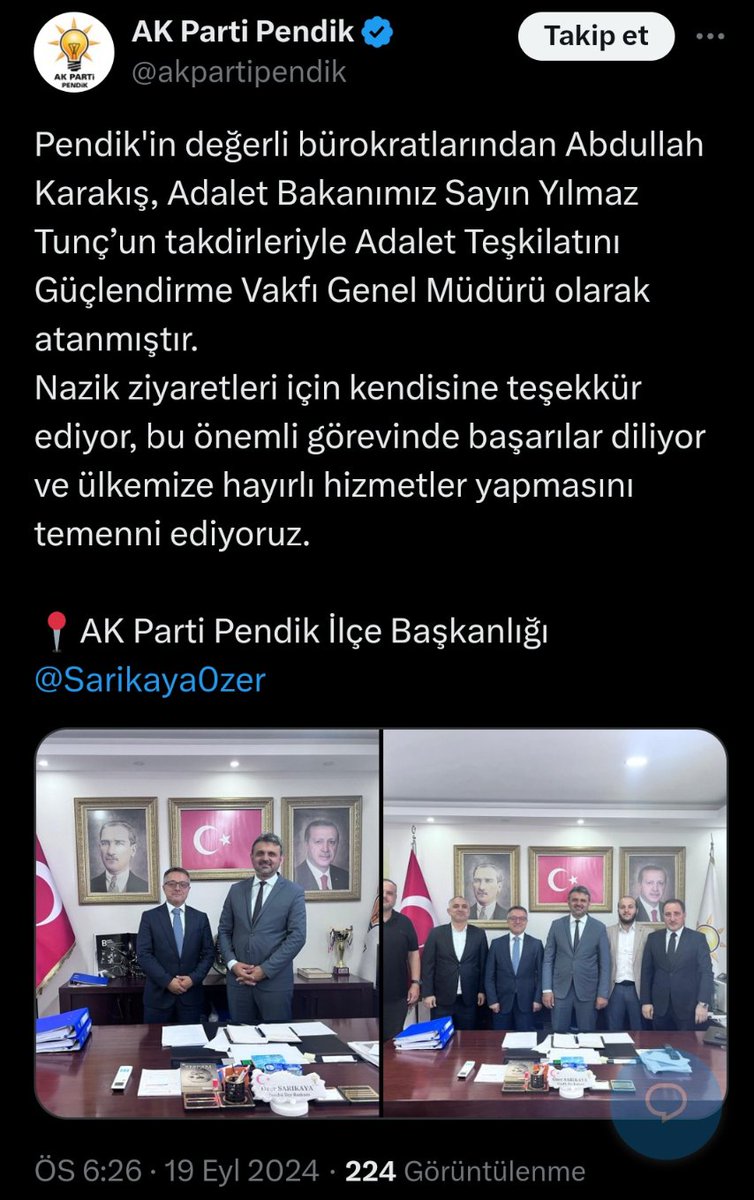 x.com/akpartipendik/…

Pendik belediyesinde uzun yıllardır emlak vergileriyle ilgili bölümde görevlerde bulunan ve müdürlük de yapan Abdullah Karakış, yine Aynı belediyede geçmiş dönemde meclis üyeliği de yapan Adalet bakanı Yılmaz Tunç tarafından genel müdür yapıldı.