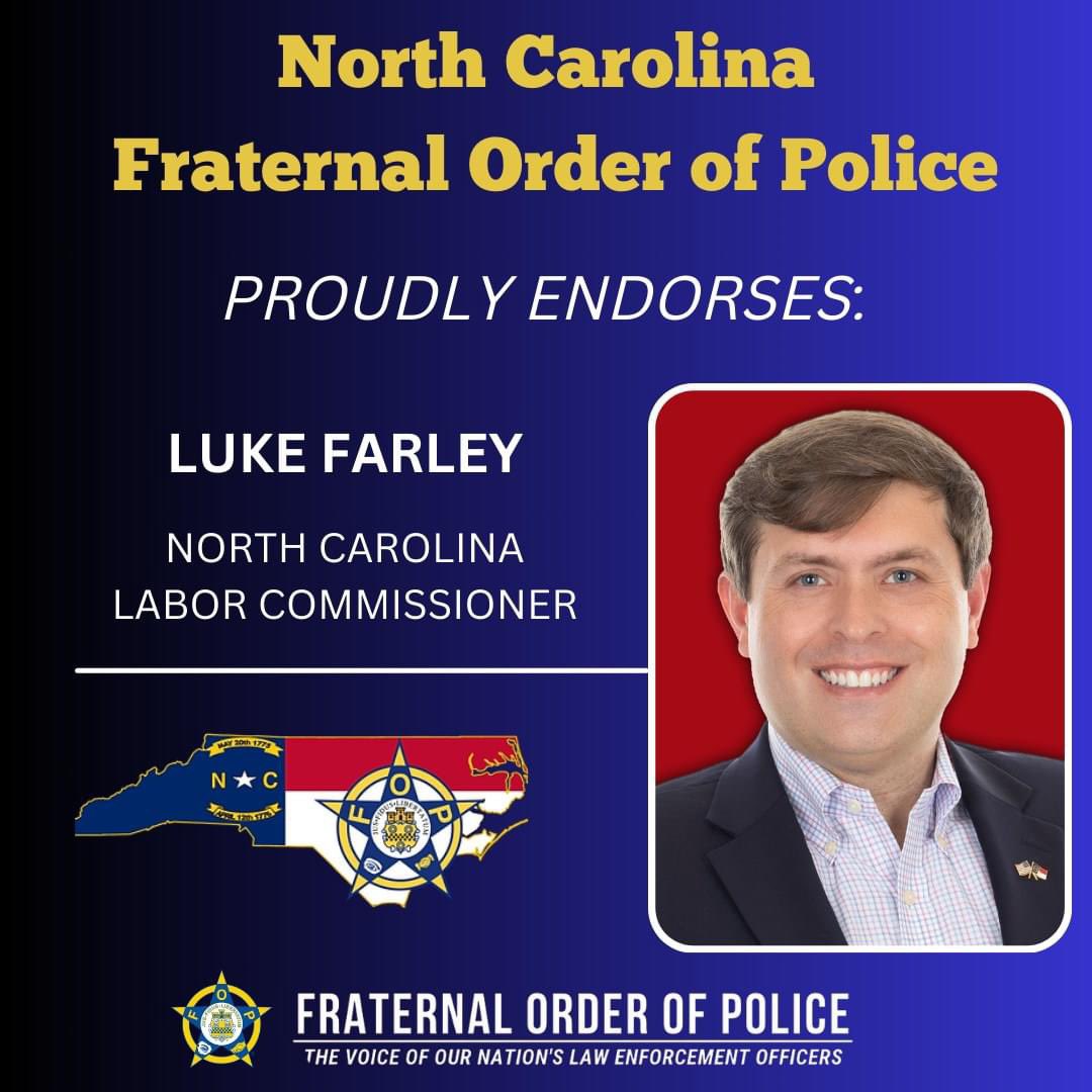 NCFOP1's tweet photo. The North Carolina Fraternal Order of Police proudly endorse Luke Farley for North Carolina Labor Commissioner.
#Election2024 #Vote2024 #NorthCarolina #laborcommissioner #NCDOL #ncdepartmentoflabor
Luke Farley for N.C. Labor Commissioner @LukeFarleyNC https://t.co/UBsiodtH6o