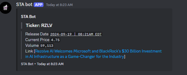 STABot_'s tweet photo. $RZLV Issued a PR congratulating the $30 Billion investment from Microsoft ( $MSFT) and BlackRock ( $BLK) into AI 

This caused a catapult in share price during pre-market hours! $4.75 -> $27 (+450%)!! https://t.co/La8SGAguCF
