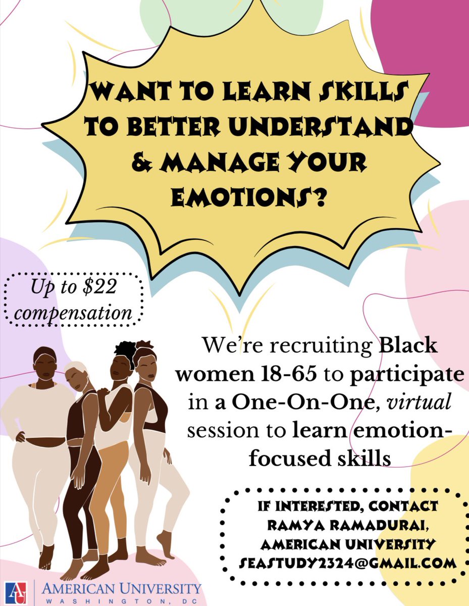 I am recruiting Black women 18-65 living in DC, Maryland, or Virginia to receive a VIRTUAL culturally-adapted DBT single-session intervention. 

Interested participants can complete the following survey: american.co1.qualtrics.com/jfe/form/SV_6o…

Please share!
